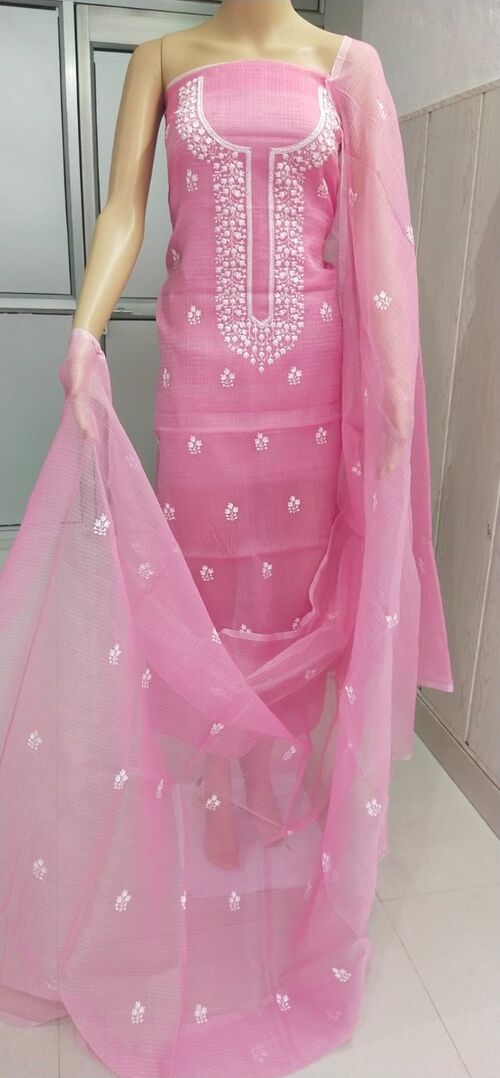 Baby pink suit with white color Embroidered Kota doria suit