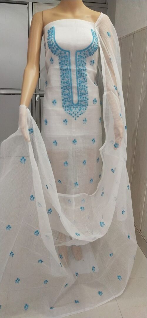 White suit with blue color Embroidered Kota doria suit