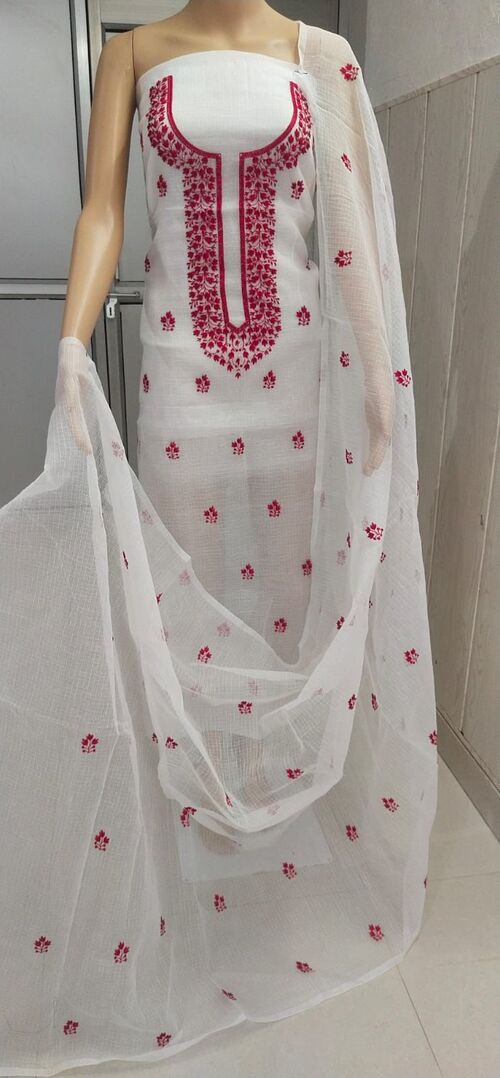 White suit with maroon color Embroidered Kota doria suit