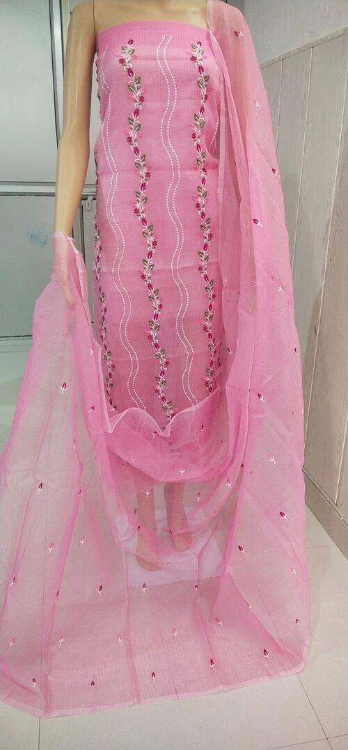 Baby pink suit with multi color Embroidered Kota doria suit