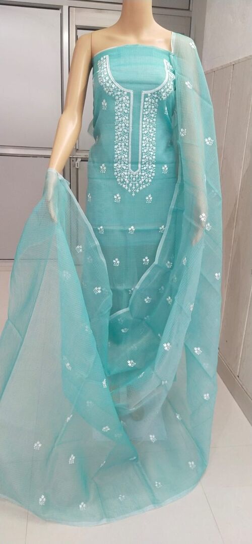 Light blue suit with white color Embroidered Kota doria suit