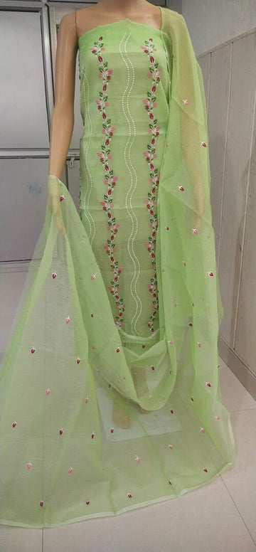 Pista green suit with multi color Embroidered Kota doria suit