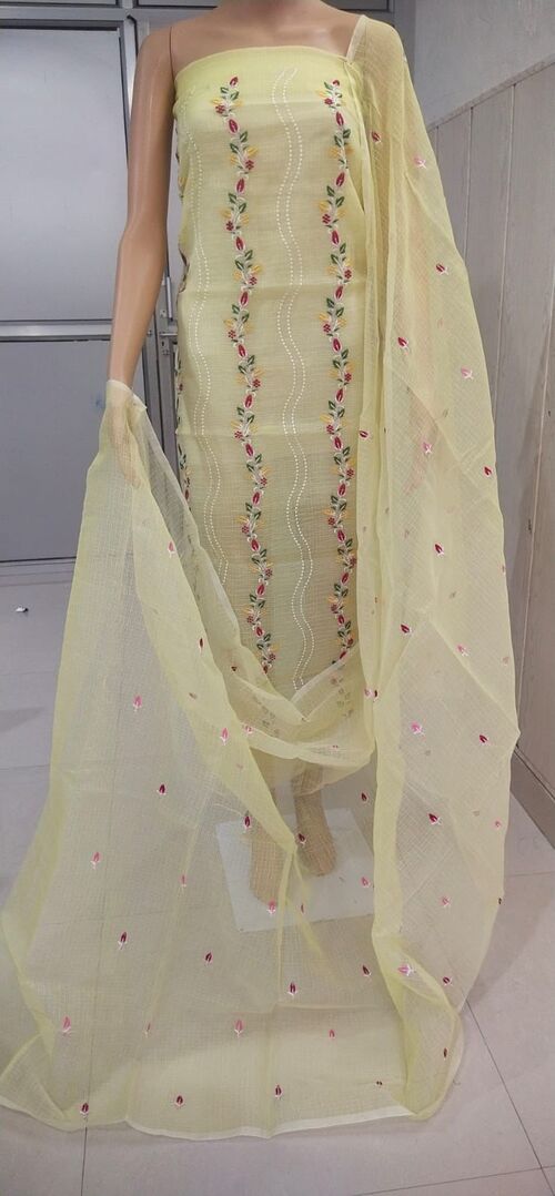 Light yellow suit with multi color Embroidered Kota doria suit