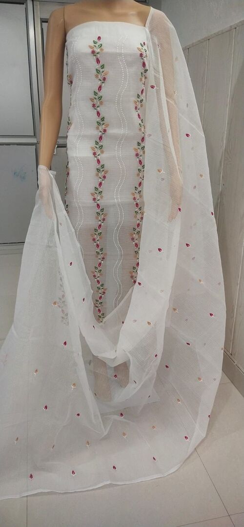 White suit with multi color Embroidered Kota doria suit