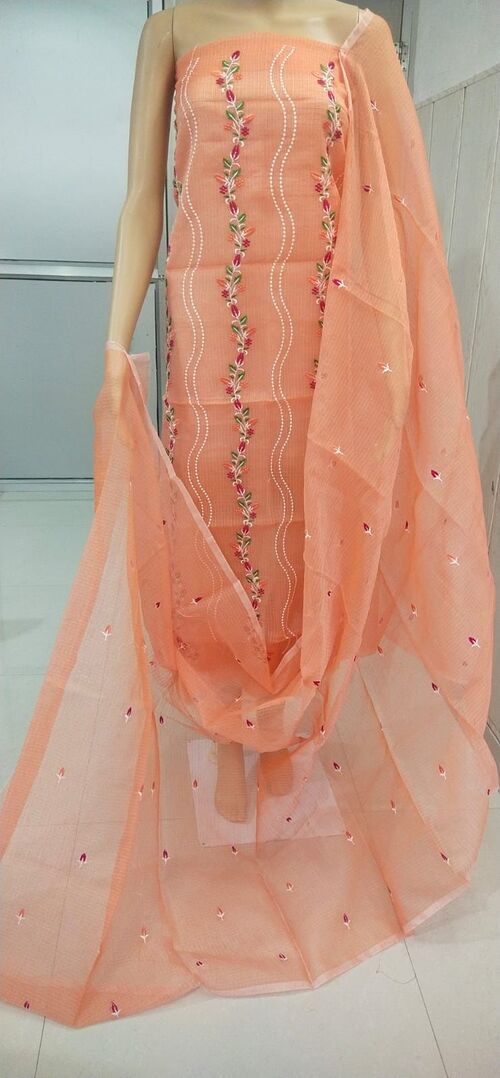 Orange suit with multi color Embroidered Kota doria suit