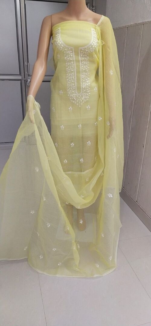 Light yellow suit with white color Embroidered Kota doria suit