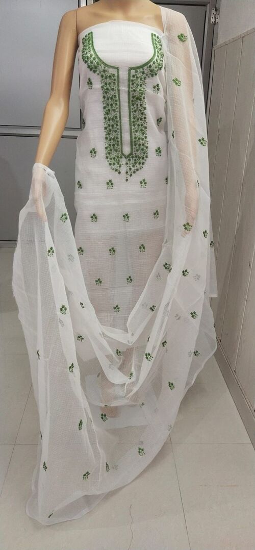 White suit with green color Embroidered Kota doria suit