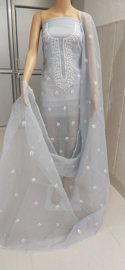 Light grey suit with white color Embroidered Kota doria suit