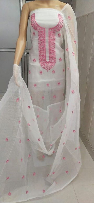 White suit with pink color Embroidered Kota doria suit