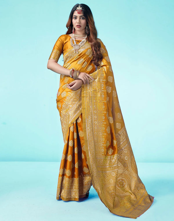 Graceful Mustard Color Silk Woven Saree – Elegant Art Silk Saree with Blouse Piece