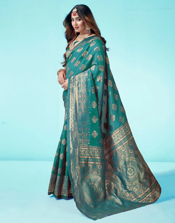 Radiant Rama Green Color Silk Woven Saree – Art Silk Saree with Intricate Design and Blouse Piece