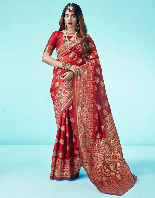 Elegant Red Color Silk Woven Saree – Luxurious Art Silk Saree with Intricate Design & Unstitched Blouse