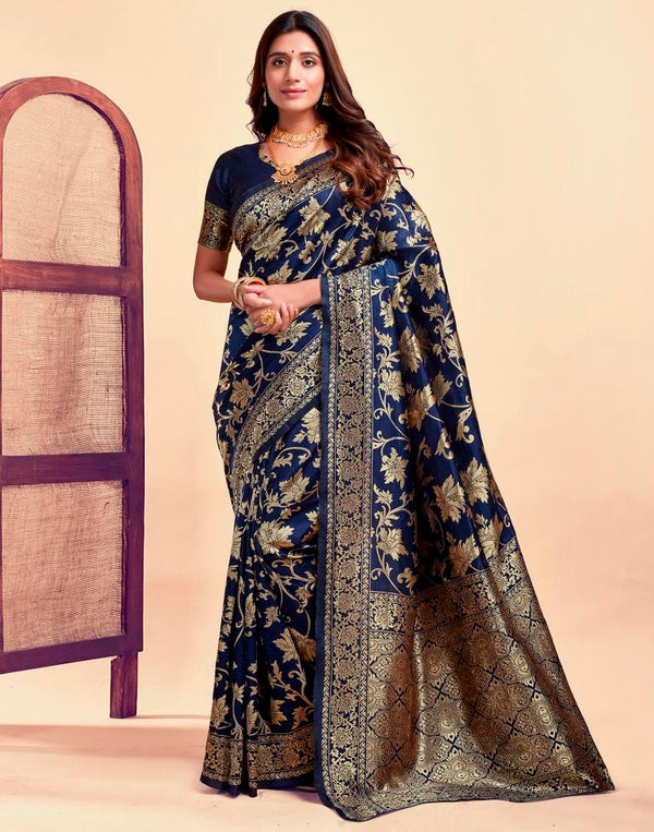 Graceful Navy Blue Silk Woven Saree – Jacquard Weave Saree with Unstitched Matching Blouse for Festivals & Weddings