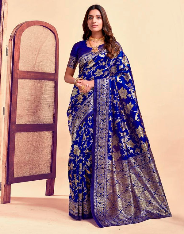 Elegant Navy Blue and Gold Banarasi Silk Woven Saree – Traditional Zari Design with Intricate Ethnic Motifs and Woven Border for Weddings & Festivals