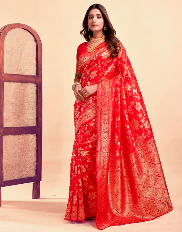 Elegant Red Color Silk Woven Saree – Luxurious Zari Woven Silk Saree with Unstitched Matching Blouse