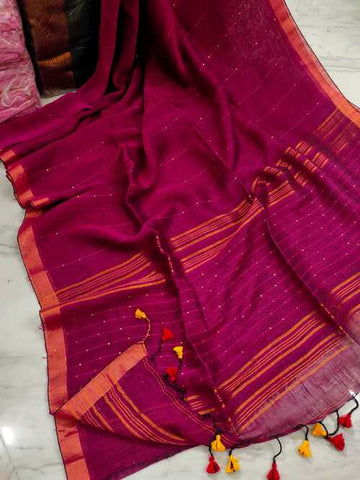 Dark Pink Color Linen Jamdani Saree with Zari Check – Perfect Handwoven Attire