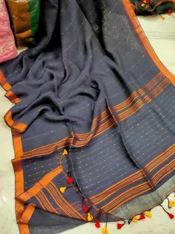 Grey Color Linen Jamdani Saree with Zari Check Border – Handwoven Traditional Attire