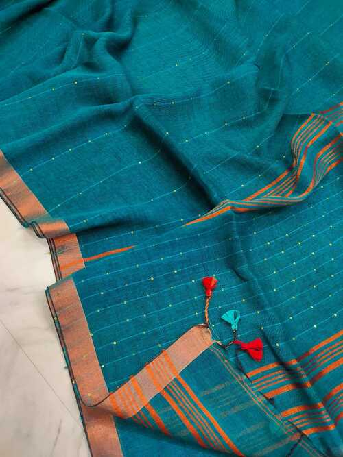 Teal Blue Color Linen Jamdani Saree with Zari Check Border – Handwoven Luxury Saree