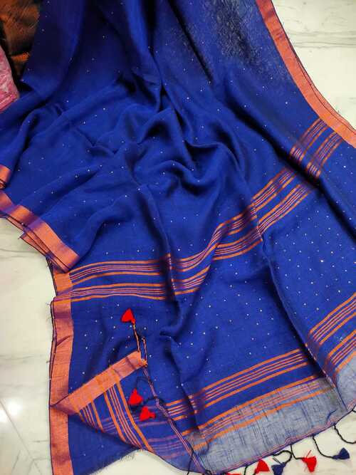 Royal Blue Color Linen Jamdani Saree with Zari Check – Handwoven Elegance for Festive Wear