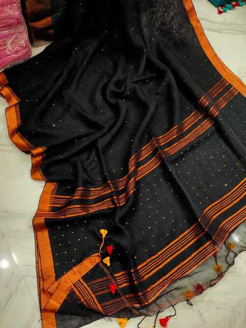 Black Color Linen Jamdani Saree with Zari Check – Timeless Handwoven Sophistication