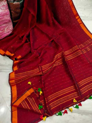 Red Color Linen Jamdani Saree with Zari Check Border – A Handwoven Blend of Tradition and Glamour