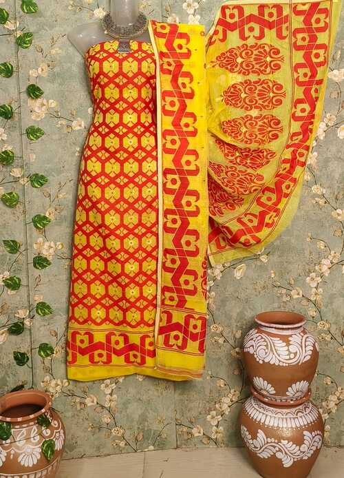 Yellow & red color dhakai jamdani 2pcs suit set