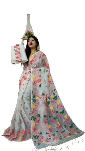 Dhakai jamdani White base multi color embroidered saree with bp