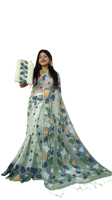 Dhakai jamdani WhiteLight Pista green base multi color embroidered saree with bp