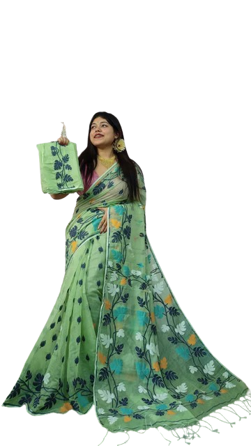 Dhakai Jamdani Pista Green Base Multi Color Embroidered Saree With Bp