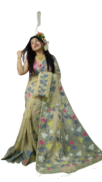 Dhakai Jamdani Light Yellow Base Multi Color Embroidered Saree With Bp