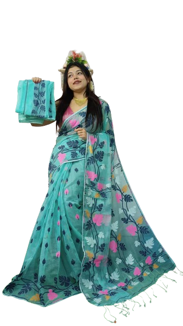 Dhakai Jamdani Sea Green Base Multi Color Embroidered Saree With Bp