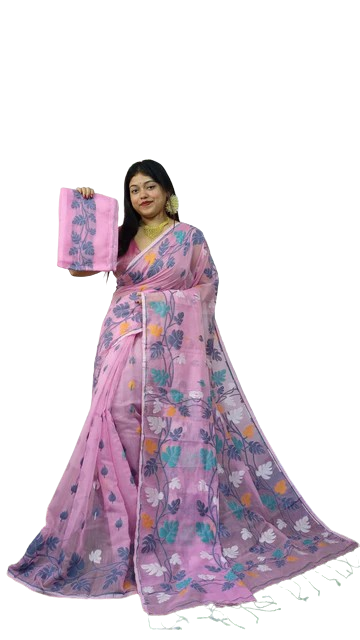 Dhakai Jamdani Pink Base Multi Color Embroidered Saree With Bp