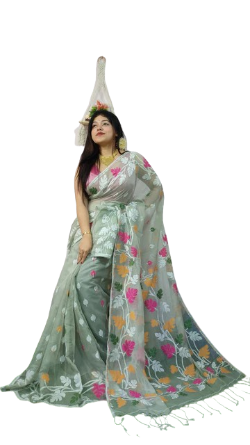 Dhakai Jamdani Light Grey Base Multi Color Embroidered Saree With B