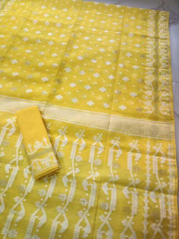 Yellow Embroidered Jamdani Saree – Soft Cotton Handloom with Traditional Buti Work for Festive and Ethnic Occasions