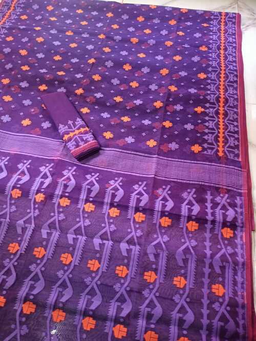 Purple Embroidered Jamdani Saree – Traditional Handloom Cotton Saree with Alluring Buti Work for Celebrations and Special Events