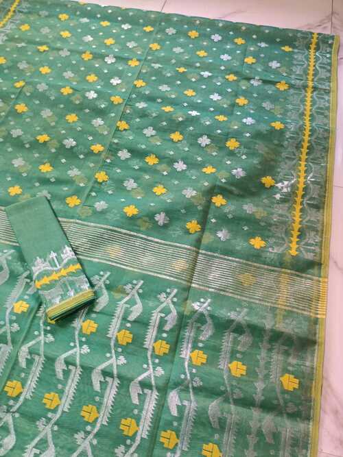 Sea Green Color Embroidered Jamdani Saree – Soft Cotton Handloom Saree with Traditional Buti Work for Festive Season and Special Events