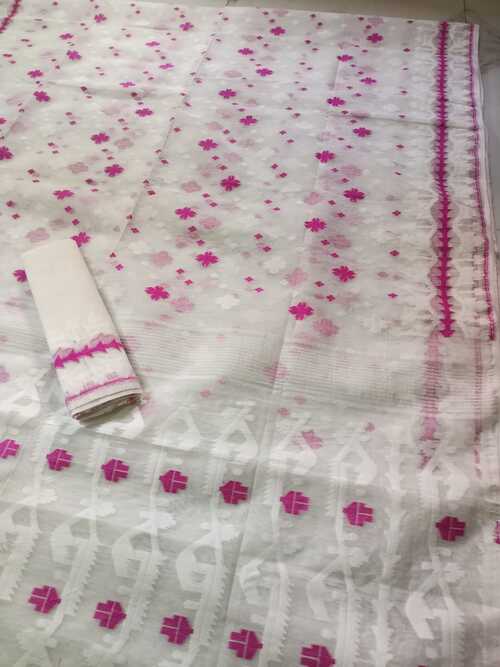 White Color Embroidered Jamdani Saree – Soft Cotton Handloom Saree with Traditional Buti Work for Festive Season and Special Events