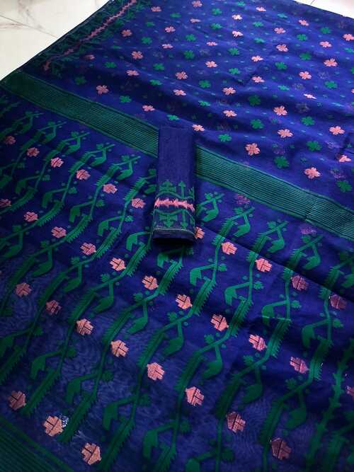 Royal Blue Embroidered Jamdani Saree – Soft Cotton Handloom Saree with Traditional Buti Work for Festive Season and Special Celebrations