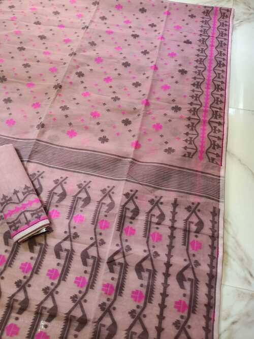 Peachish Pink Embroidered Jamdani Saree – Soft Cotton Handloom Saree with Intricate Buti Work for Festive Season and Special Occasions