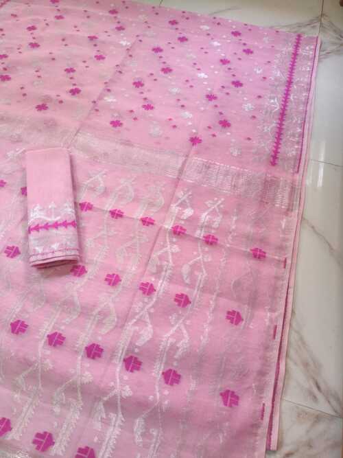 Baby Pink Embroidered Jamdani Saree – Soft Cotton Handloom Saree with Intricate Buti Work for Festive Season and Special Occasions