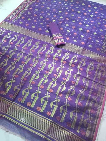 Blue Embroidered Jamdani Saree – Soft Cotton Handloom Saree with Traditional Buti Work for Festive Season and Special Occasions