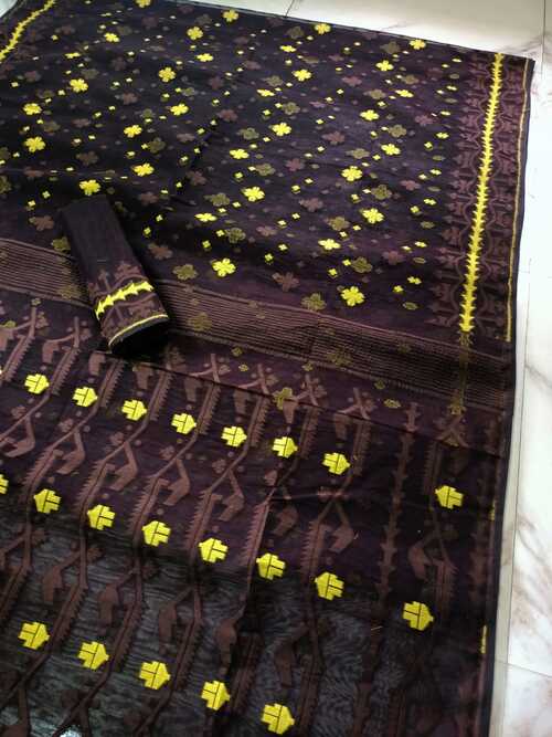 Black Embroidered Jamdani Saree – Luxurious Cotton Handloom Saree with Stunning Buti Work for Festive Wear and Special Events