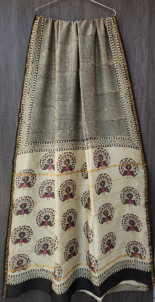 Black & White Handblock Bagru Printed Chanderi Saree