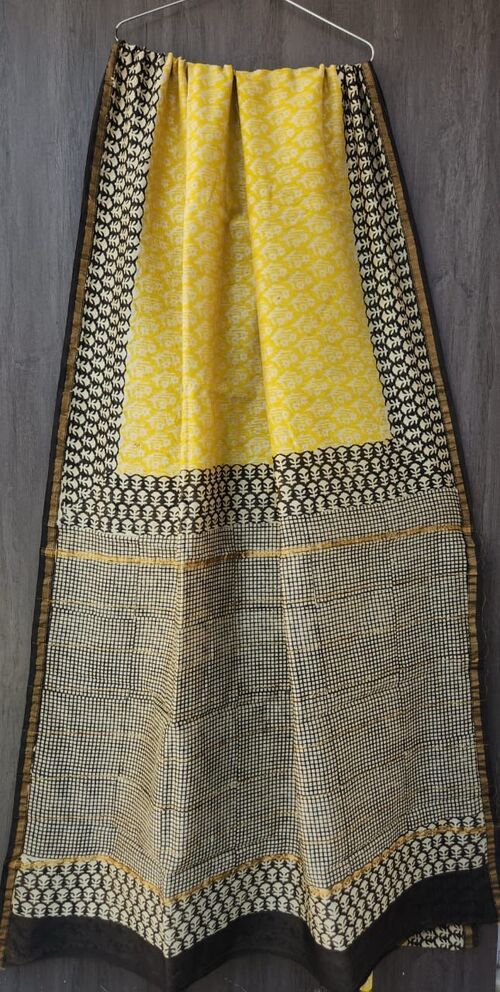 Yellow & Black Handblock Bagru Printed Chanderi Saree