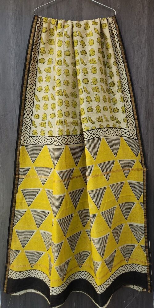 White & Yellow Handblock Bagru Printed Chanderi Saree