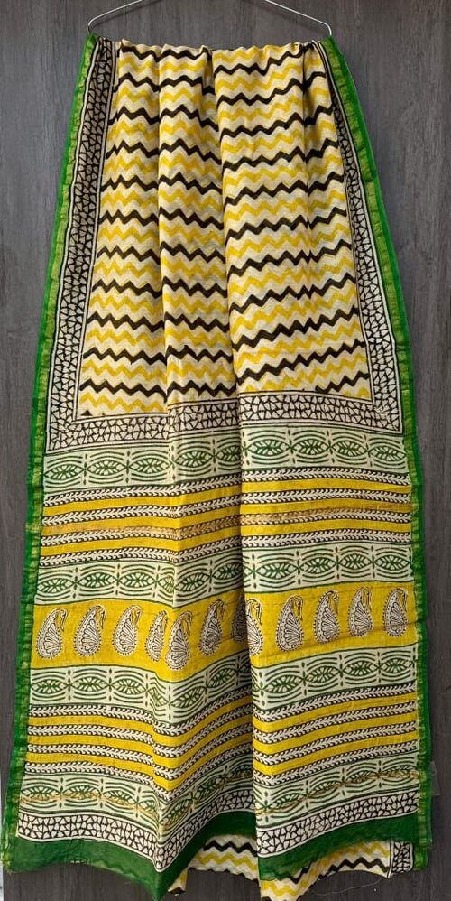 Yellow & Multi-Color Handblock Bagru Printed Chanderi Saree