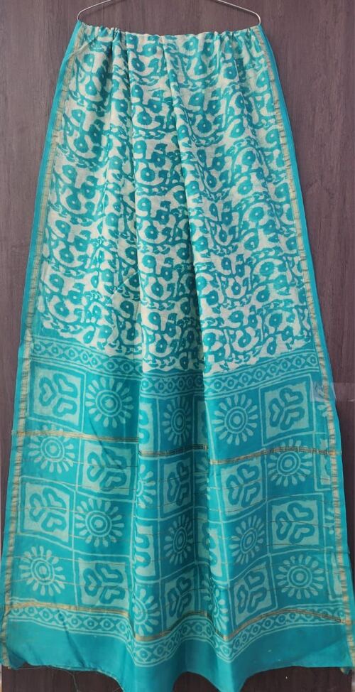 Blue & White Handblock Bagru Printed Chanderi Saree