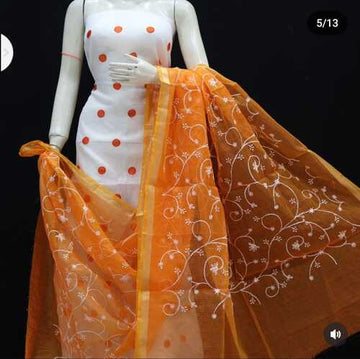 White Kurta with Vibrant Orange Embroidered Dupatta – 2-Piece Kota Doria Cotton Suit Set for Summer