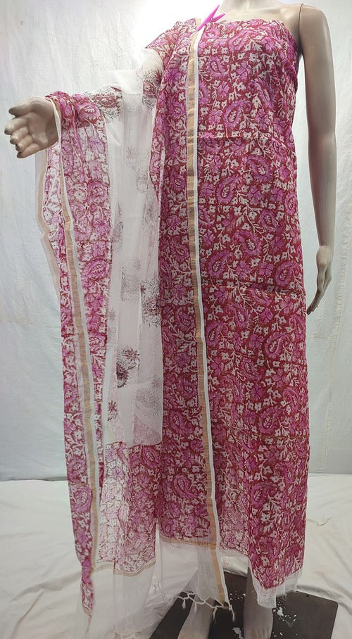 Stylish Pink Kota Doria Block Print Cotton Suit Set - 2-Piece Summer Wear for Women, Top & Dupatta Included