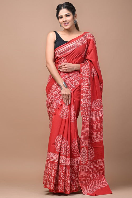 Red Hand Block Printed Cotton Mul Saree with Organic Dyes – Comfortable Mulmul Saree with Matching Blouse